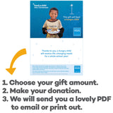 Virtual charity Christmas gift card design featuring smiling young boy holding a plate of food against a blue starry background with text reading 'Feed a child this Christmas' and 'This gift will feed a hungry child.' A Mary's Meals logo appears in the lower right.